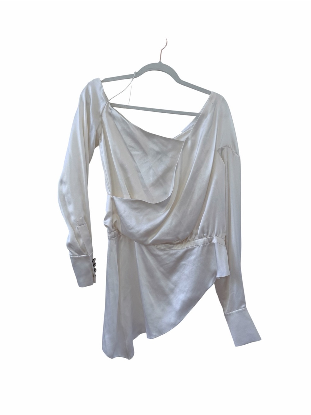 Balmain Ivory Draped Satin Asymmetric Long-Sleeve Blouse
